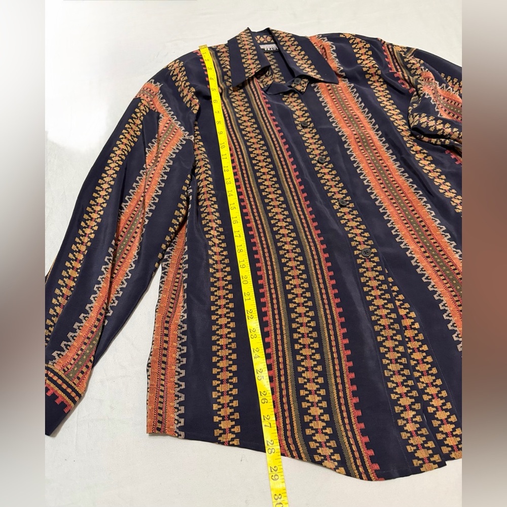 Vintage 90s Ellen Tracy Silk Blouse Geometric Stripe Navy Boho Oversized Size8 - Picture 4 of 10